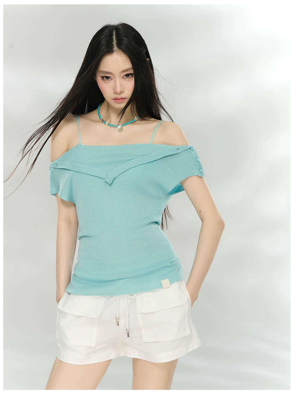Folded Off-Shoulder Knit T-Shirt