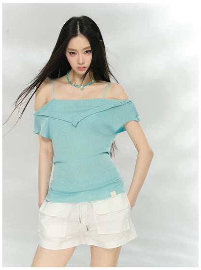 Folded Off-Shoulder Knit T-Shirt