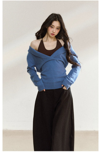 Blue Off-Shoulder Knit Sweater Cardigan