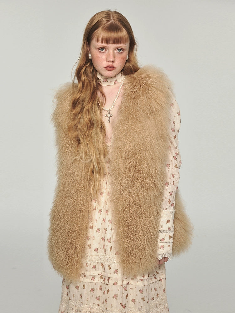 Camel &amp; Black Wool Straight-Cut Furry Vest - CHINASQUAD