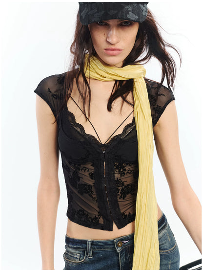 Flocked Floral Lace Flutter Sleeve Fitted Two-Piece Set