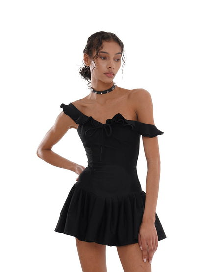 High Elastic Ruffled Waist Skater Mini Dress