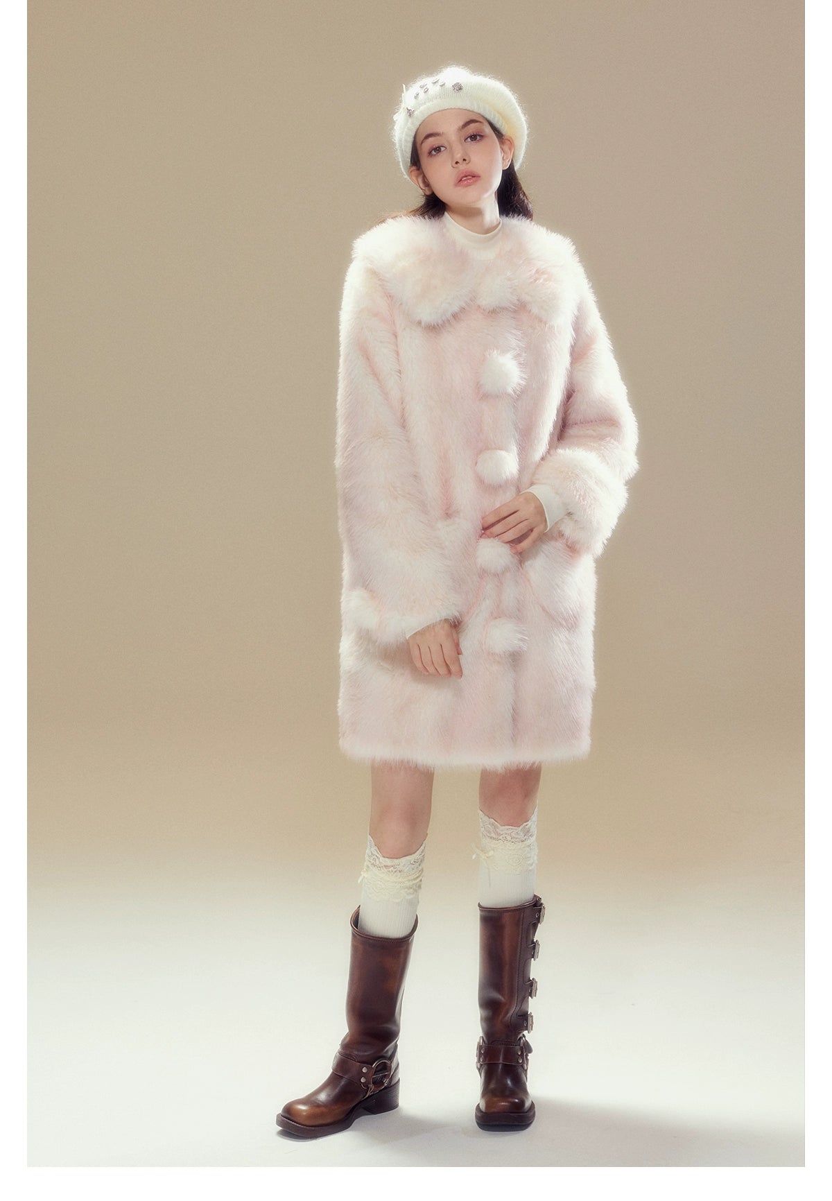 Pink Ombre Doll Collar Long Shearling Coat - CHINASQUAD