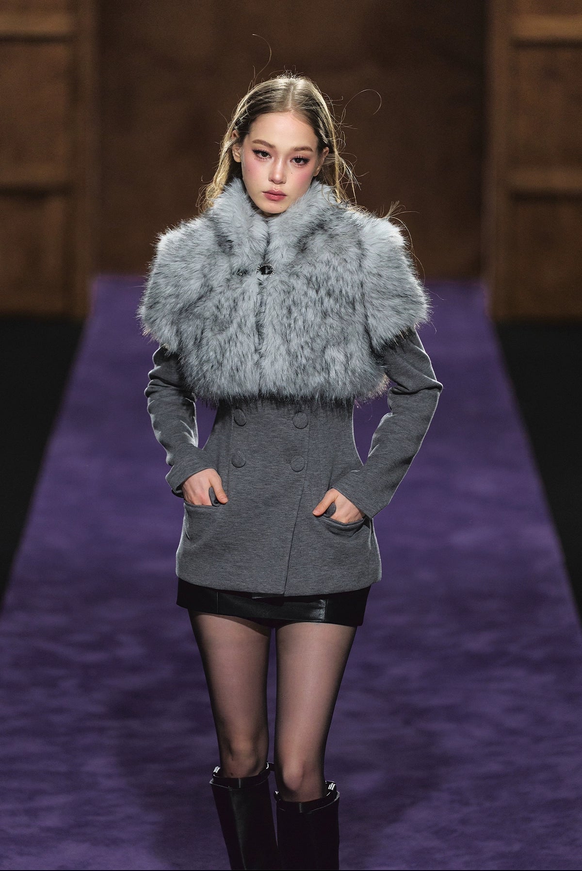 Ombre Short Faux Fur High-Neck Cropped Jacket