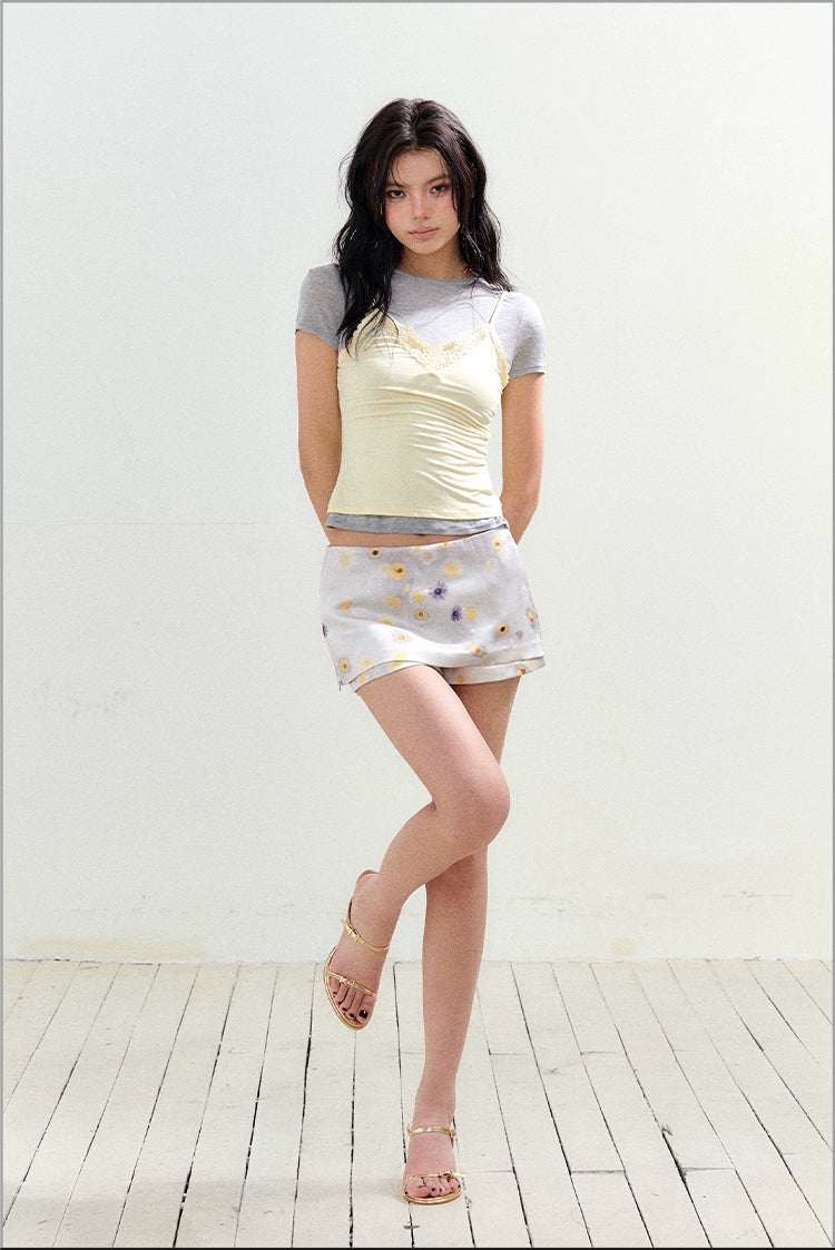 Faux Two-piece Lace Bow T-shirt