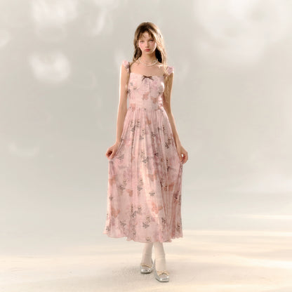 Pink Butterfly Print Square Neckline Dress