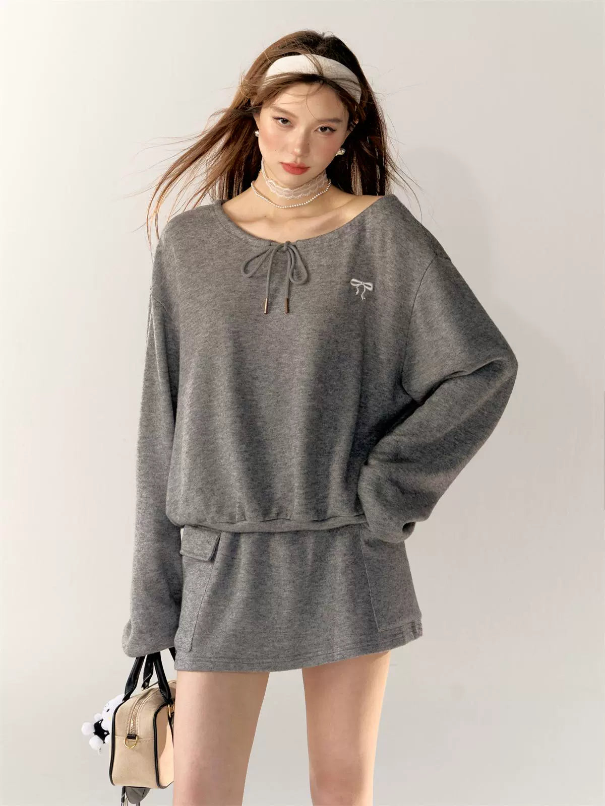 Asymmetric Embroidered Bow Sweatshirt &amp; Skirt Set