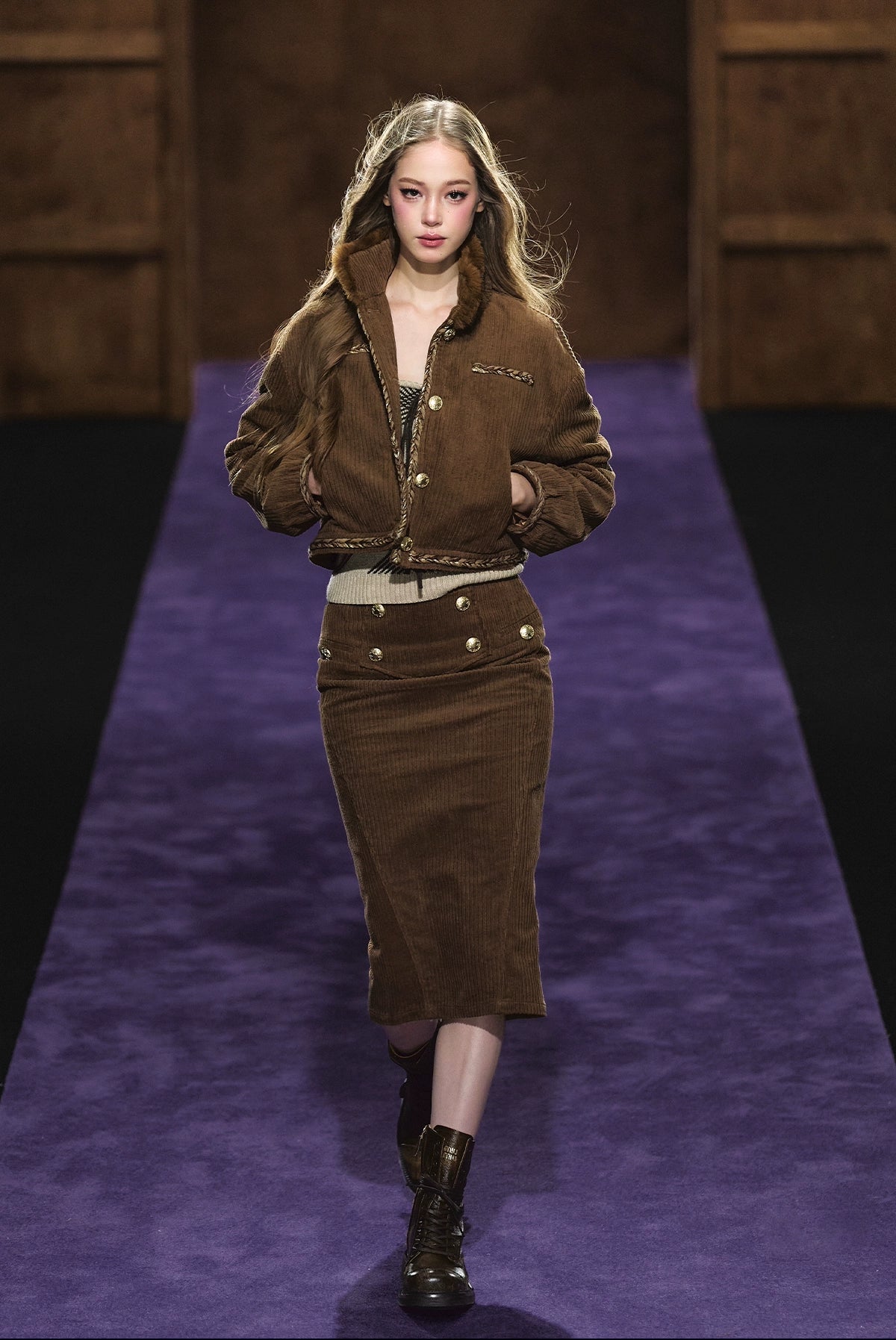 Corduroy Fur-Collar Jacket &amp; Skirt Set
