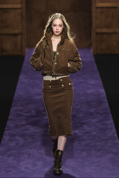 Corduroy Fur-Collar Jacket &amp; Skirt Set