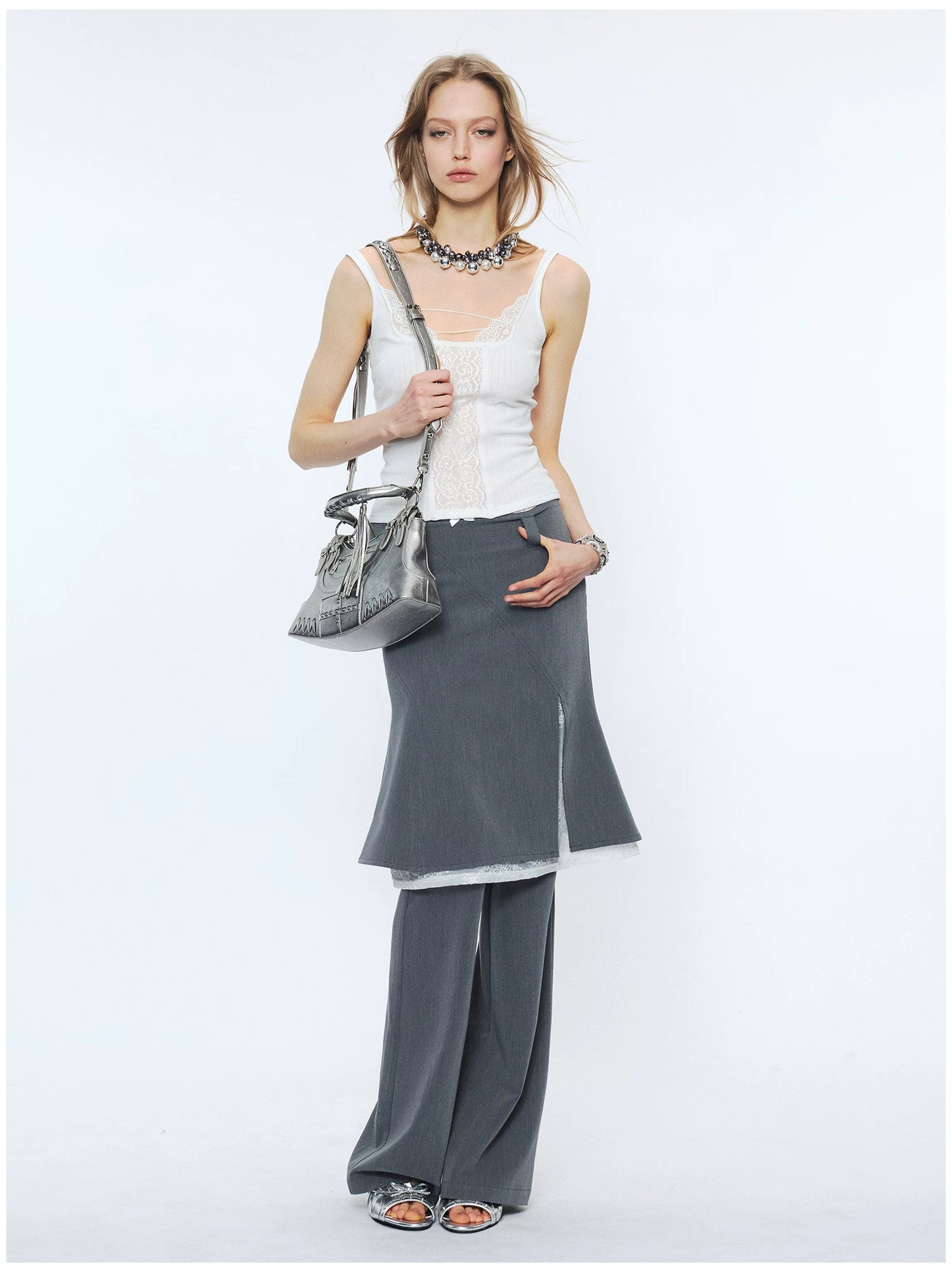 Lace Waist Bow Flared Skirt Pants