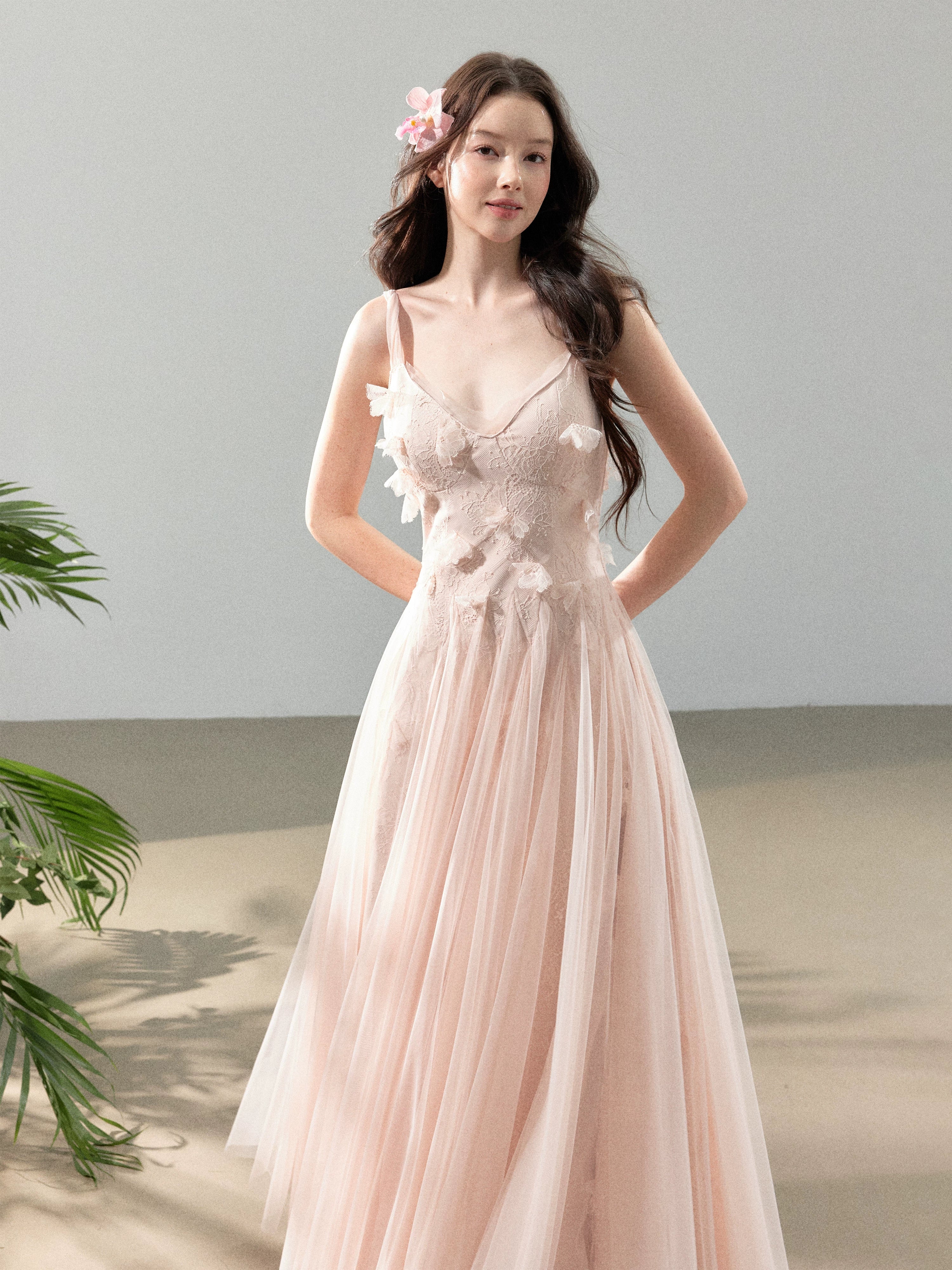 Peach Mist Floral Tulle Layered Slip Maxi Dress