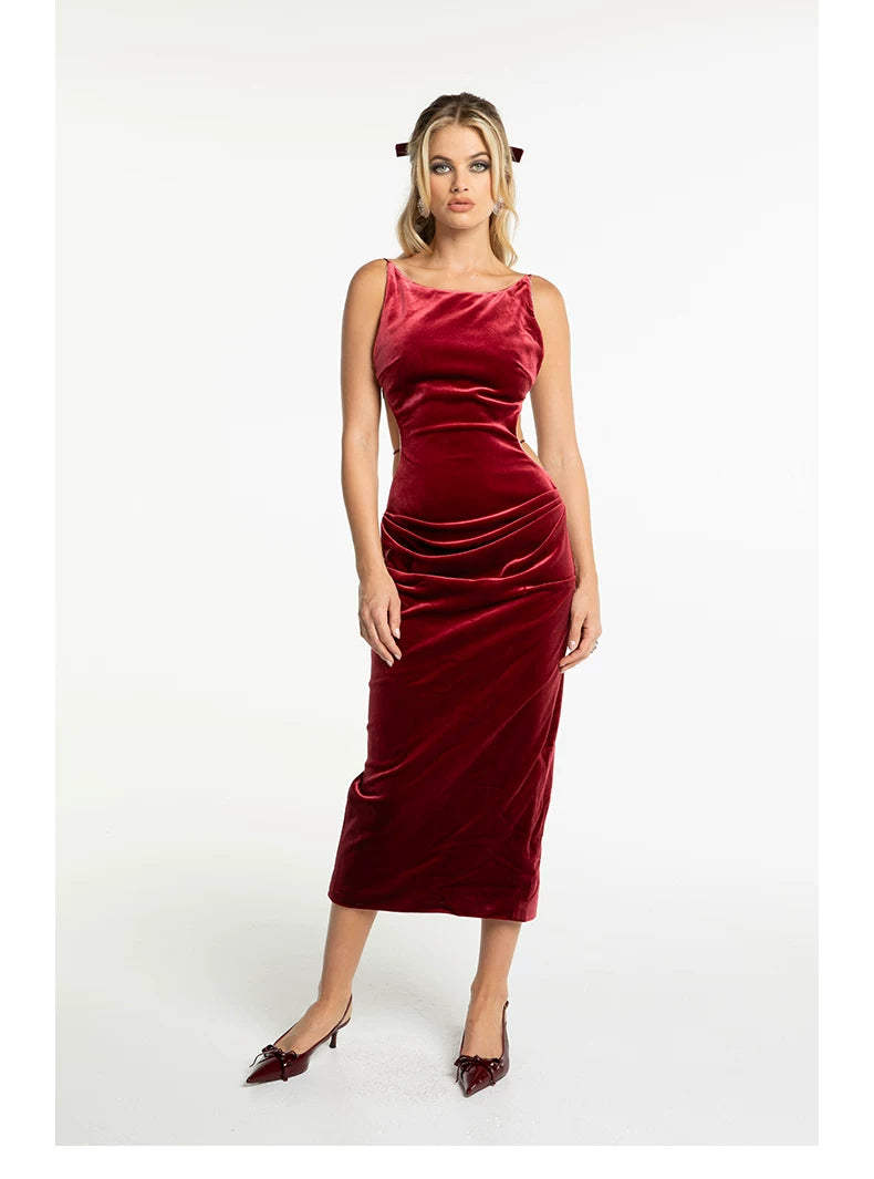 Crystal-Trim Velvet Backless Dress