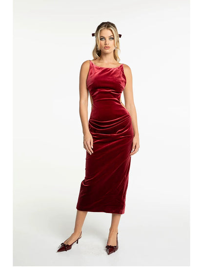 Crystal-Trim Velvet Backless Dress