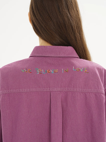 Purple &amp; Green Metal Button Pocket Denim Shirt - CHINASQUAD