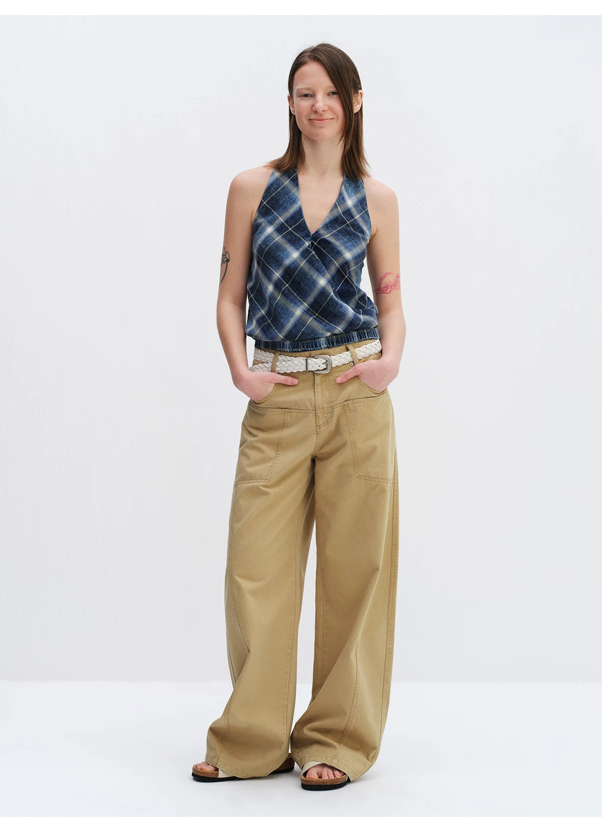 Utility Pocket Curved Wide-Leg Trousers