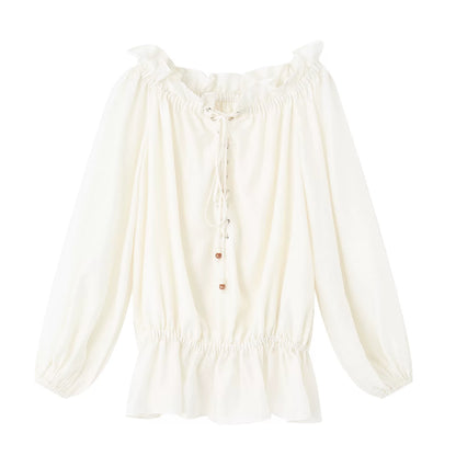 Off-Shoulder Lace-Up Lantern Sleeve Blouse