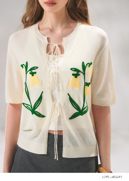 Floral Embroidered Tie-Front Knit Cardigan
