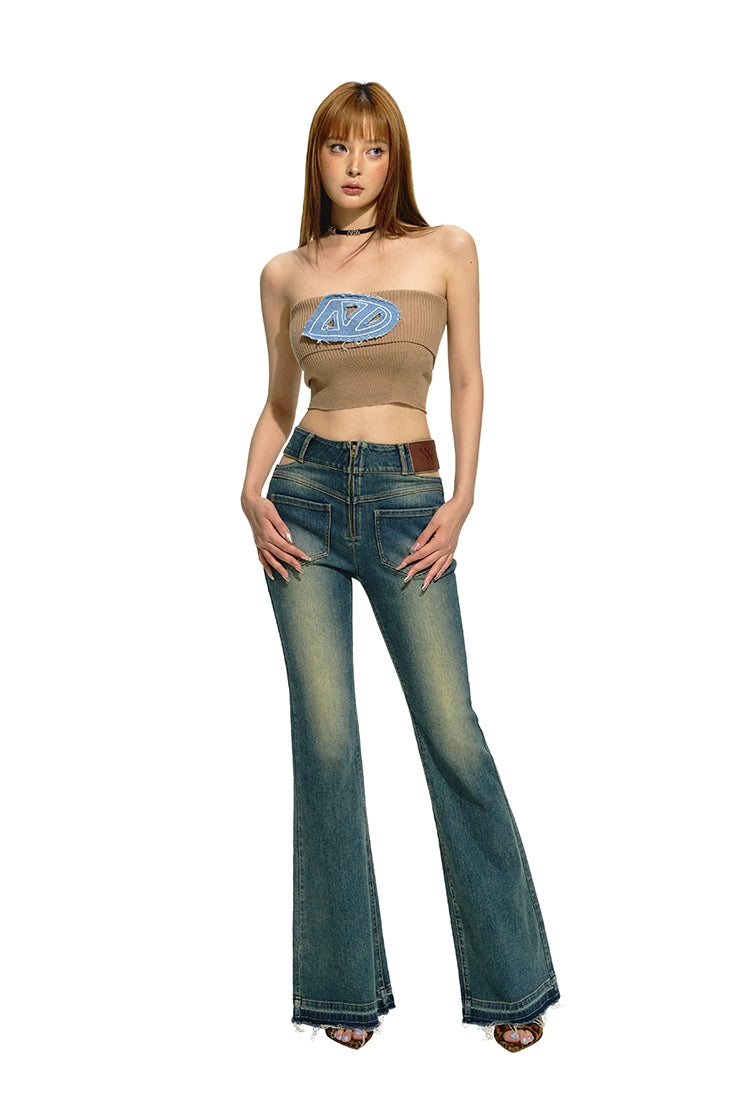 Knitted Denim Embroidered Bandeau Top - CHINASQUAD