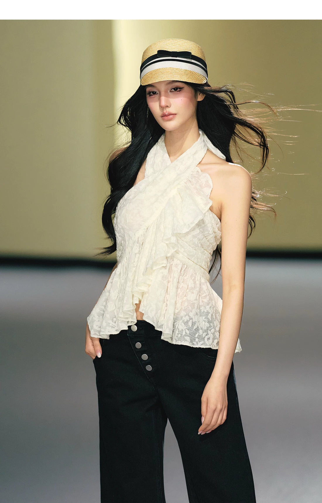 Lace Crisscross Halter Ruffle Top