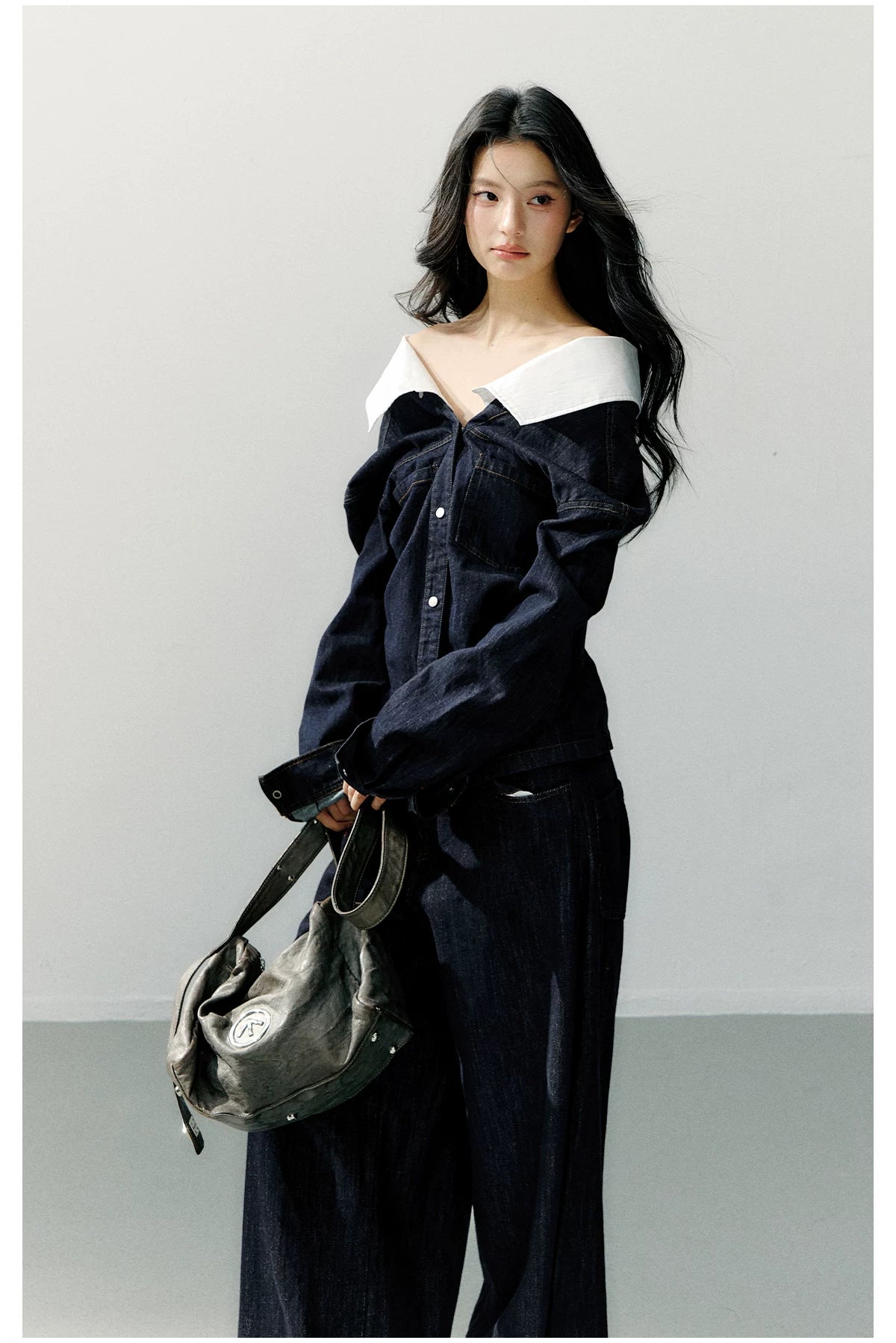 Off-Shoulder Denim Long Sleeve Shirt