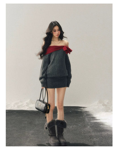 Off-Shoulder American-Style Knit Mini Dress