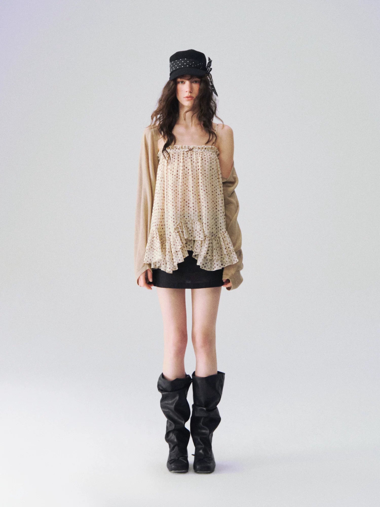 Sheer Polka Dot Asymmetric Ruffle Camisole