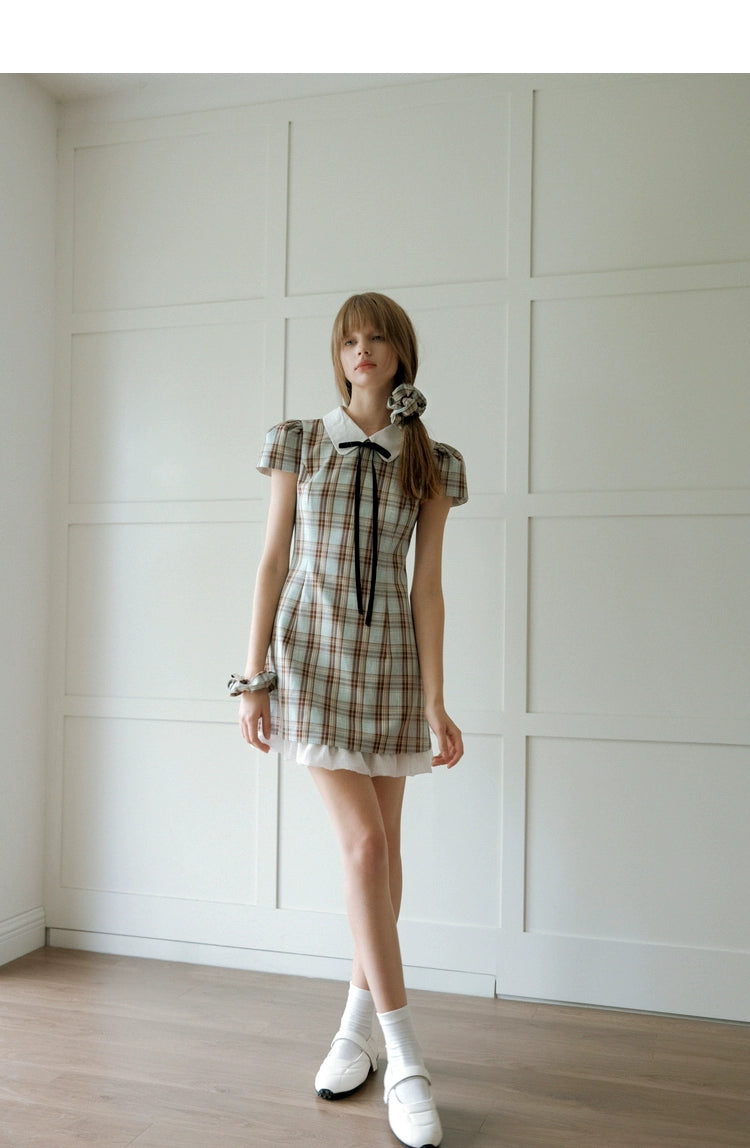 Brown Plaid  2-in-1 Doll Collar Mini Dress