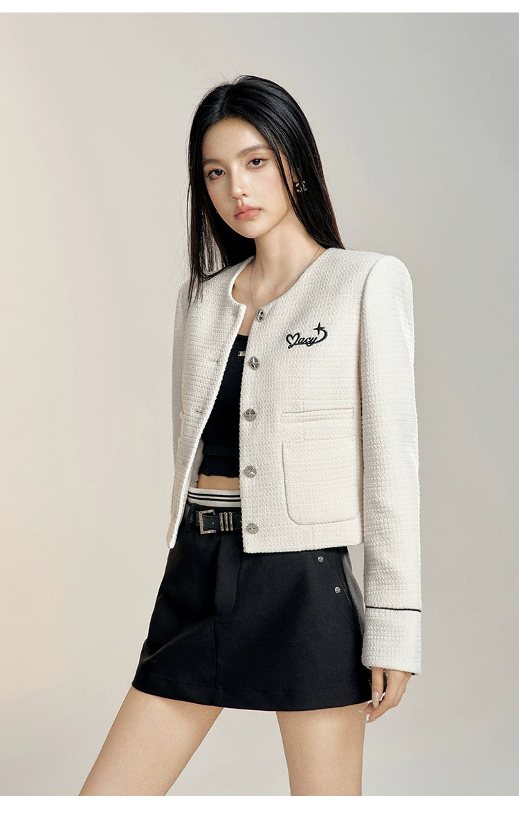 Black &amp; White Round Neck Cropped Jacket