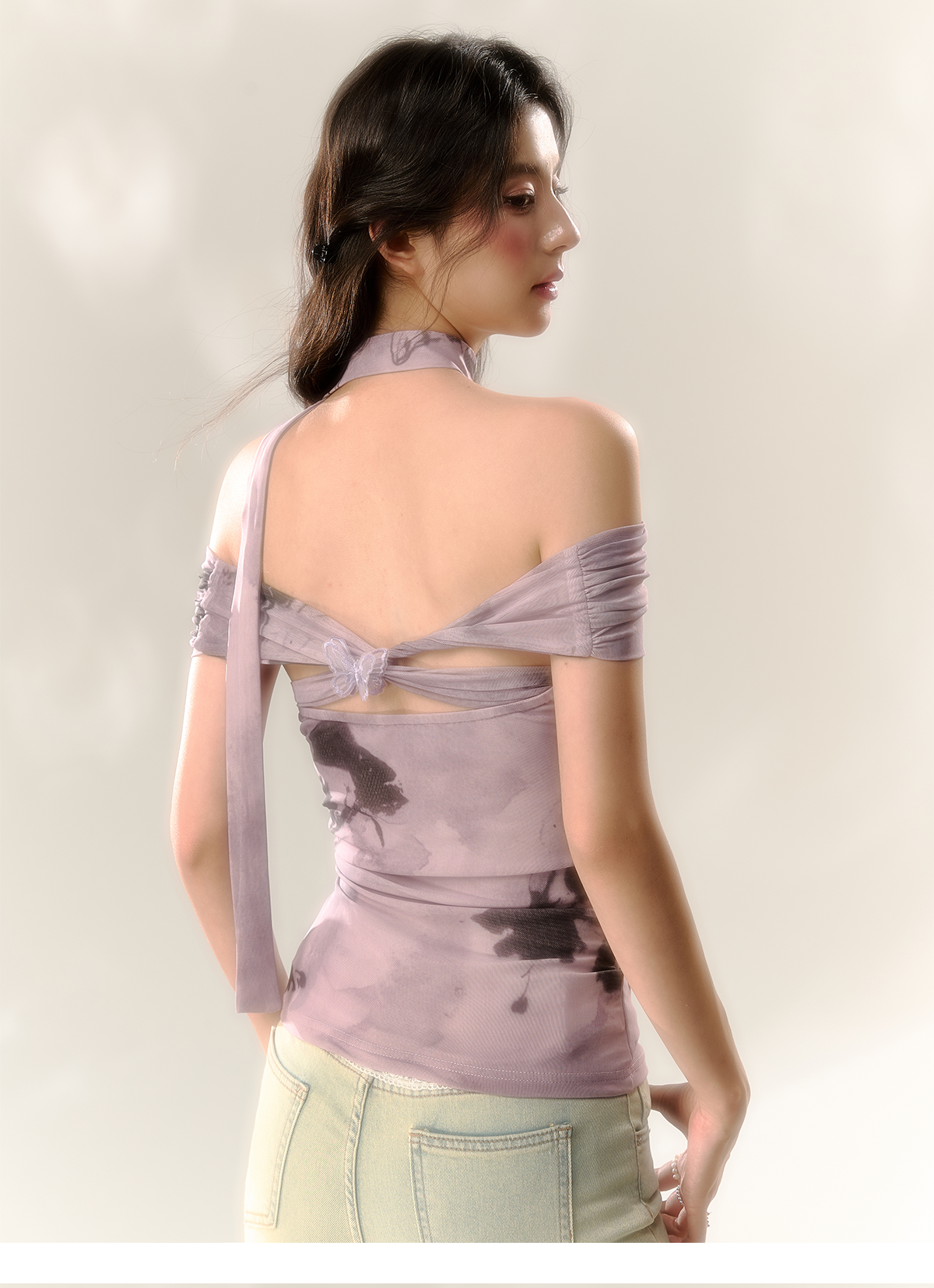 Purple Butterfly &amp; Pink Butterfly Mesh One-shoulder T-shirt - CHINASQUAD