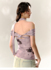 Purple Butterfly & Pink Butterfly Mesh One-shoulder T-shirt - CHINASQUAD