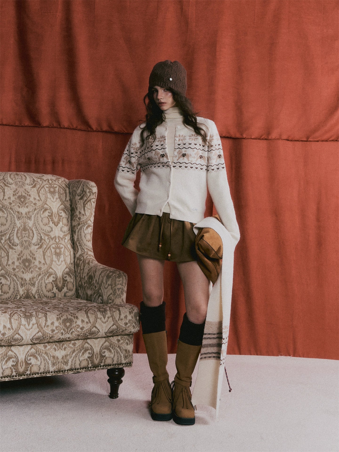 Beaded Suede Puff Mini Skirt