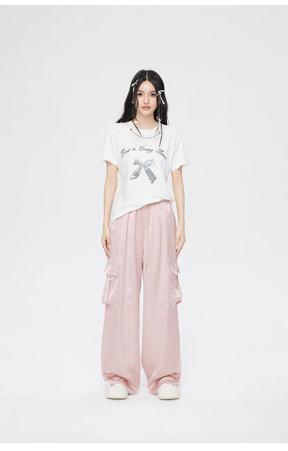 Pink &amp; White Silk Wide-Leg Pants