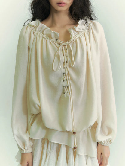 Off-Shoulder Lace-Up Lantern Sleeve Blouse