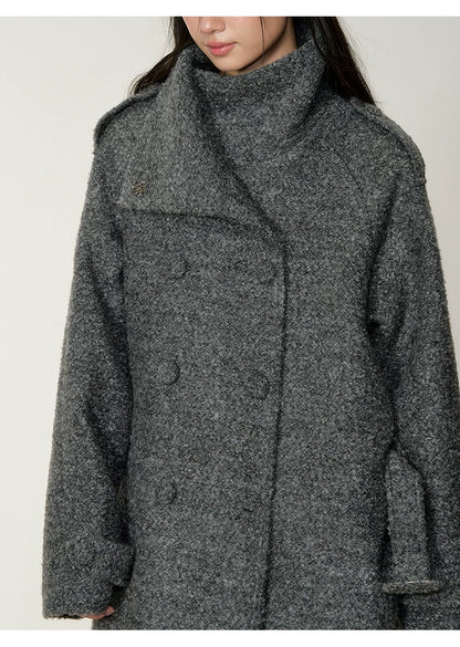 Stand-Collar Bouclé Wool Long Coat