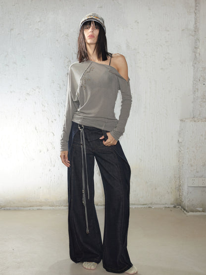 Rhinestone Frayed-Edge Knit T-Shirt