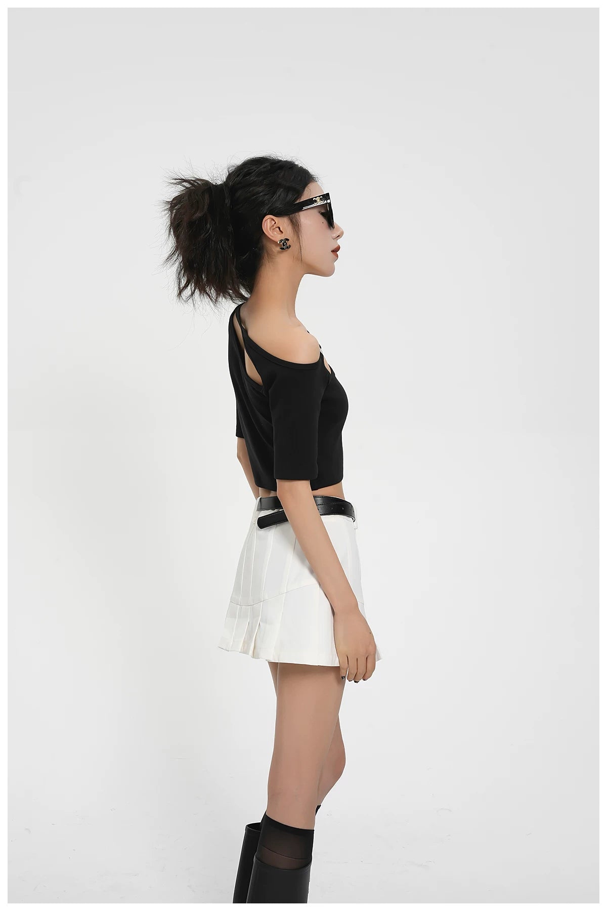 Asymmetric One-Shoulder Cropped Stretch T-Shirt