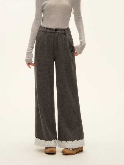 Embroidered Hem Wool Blend Wide-Leg Trousers