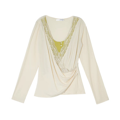 Tencel Lace Contrast Layered Cross-Drape Blouse