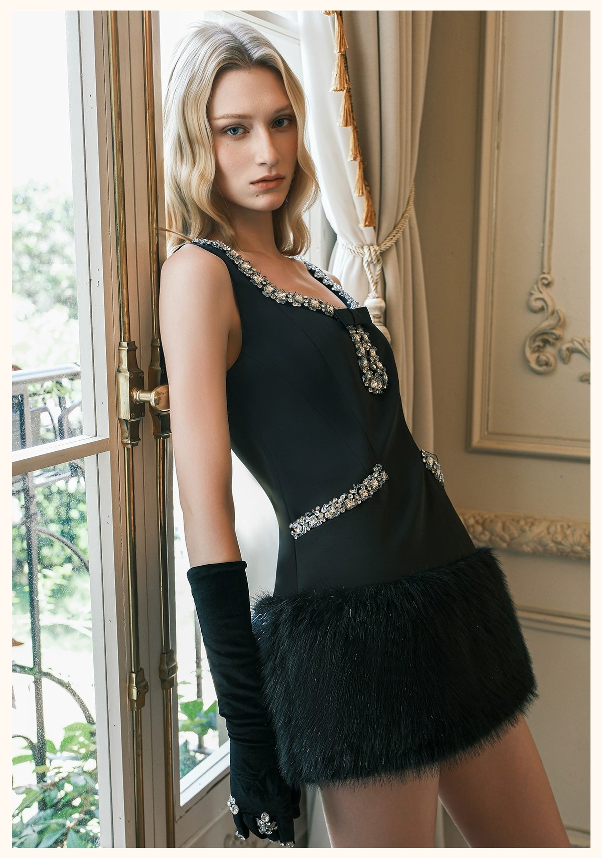Sable Satin Straight-Cut Faux Fur Dress