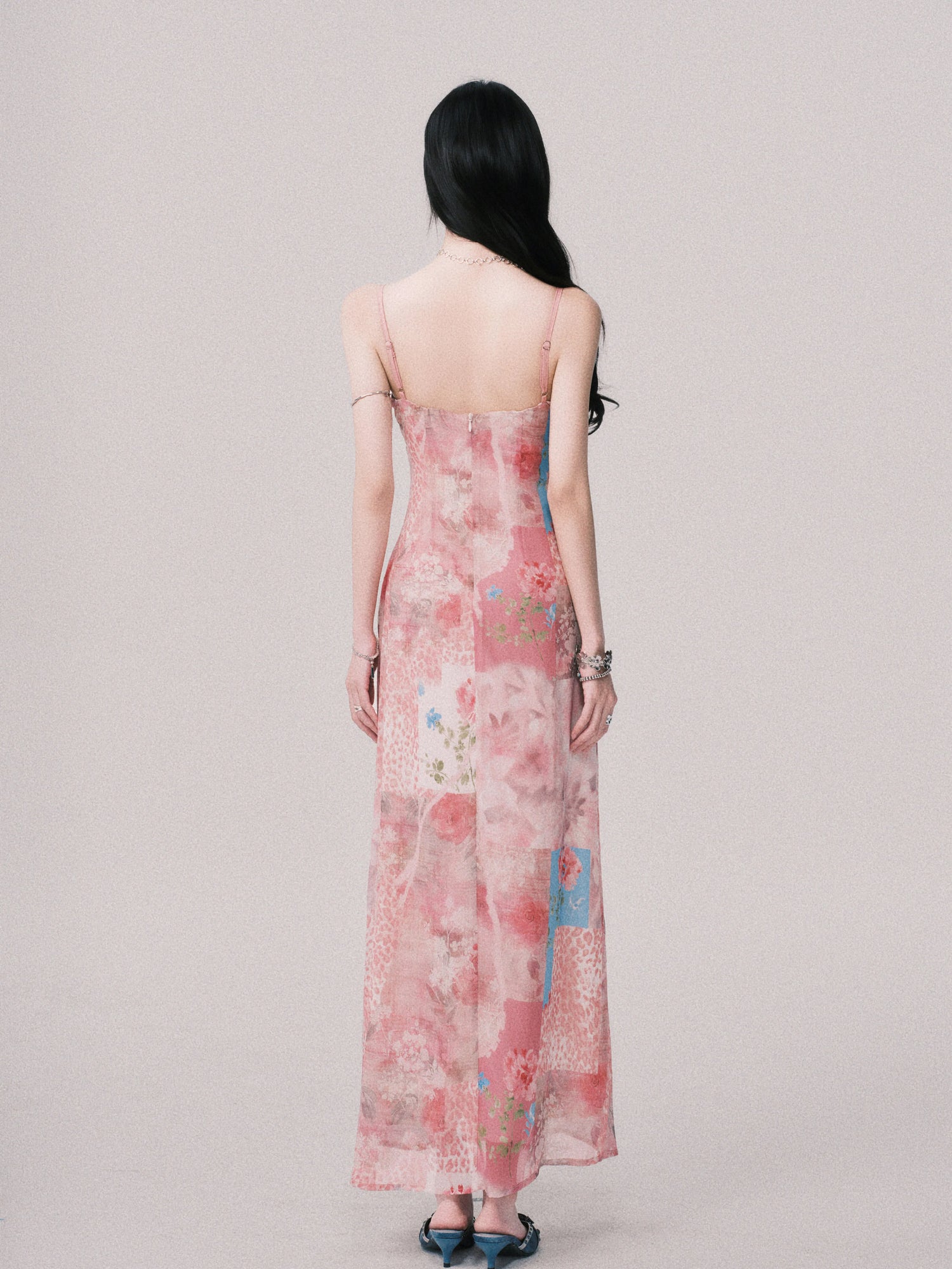 Floral V-Neck Spliced Print Slip Dress