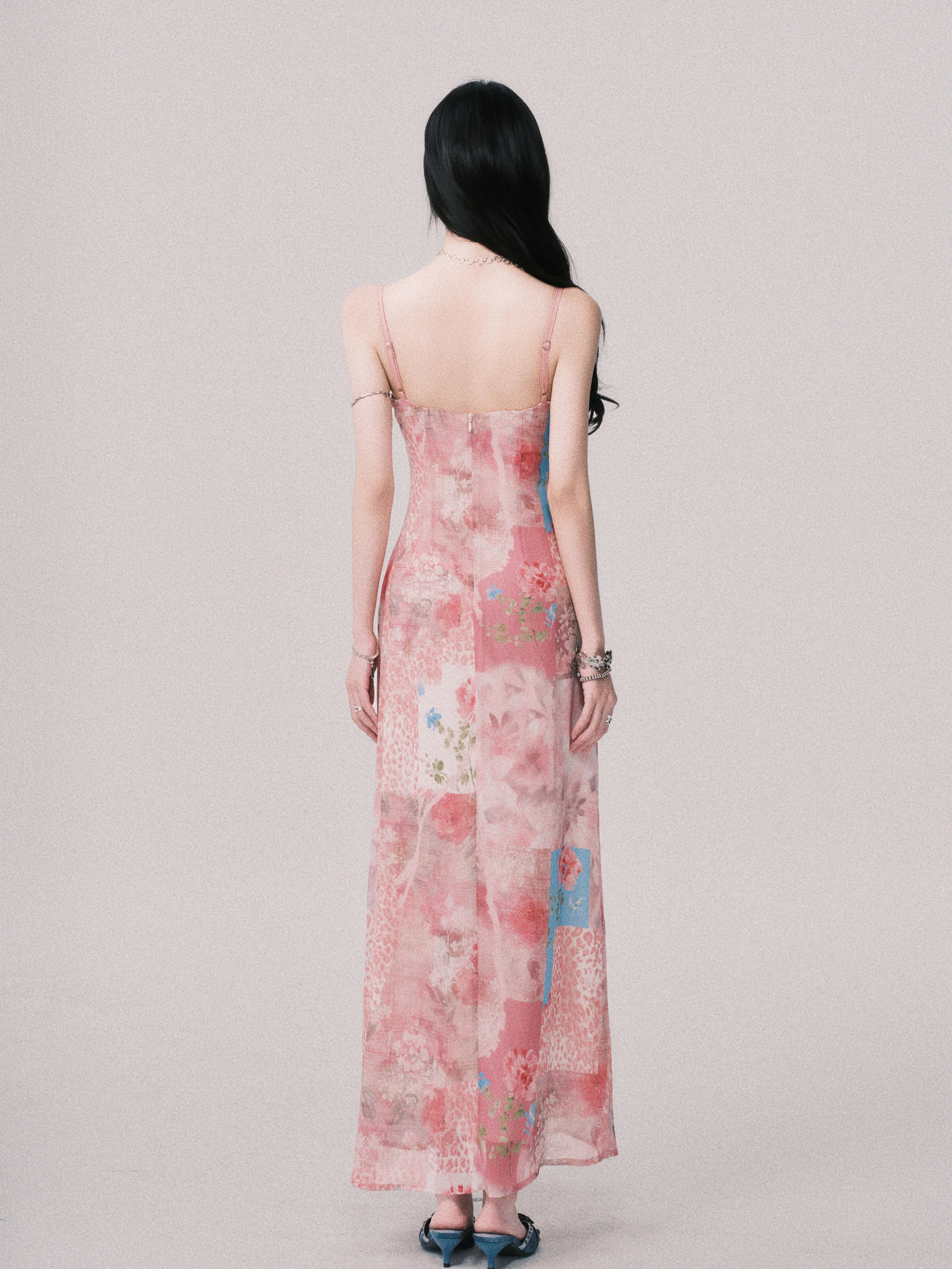 Floral V-Neck Spliced Print Slip Dress