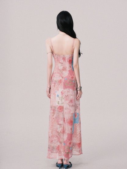 Floral V-Neck Spliced Print Slip Dress