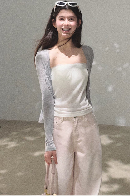 Lyocell Wool Lace-Trim Fitted Knit Cardigan