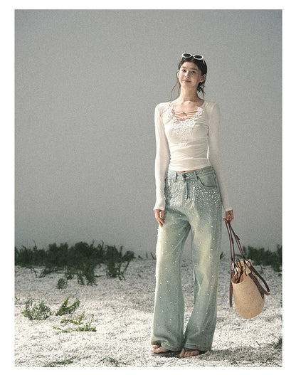 Pearl Studded Straight Leg Jeans