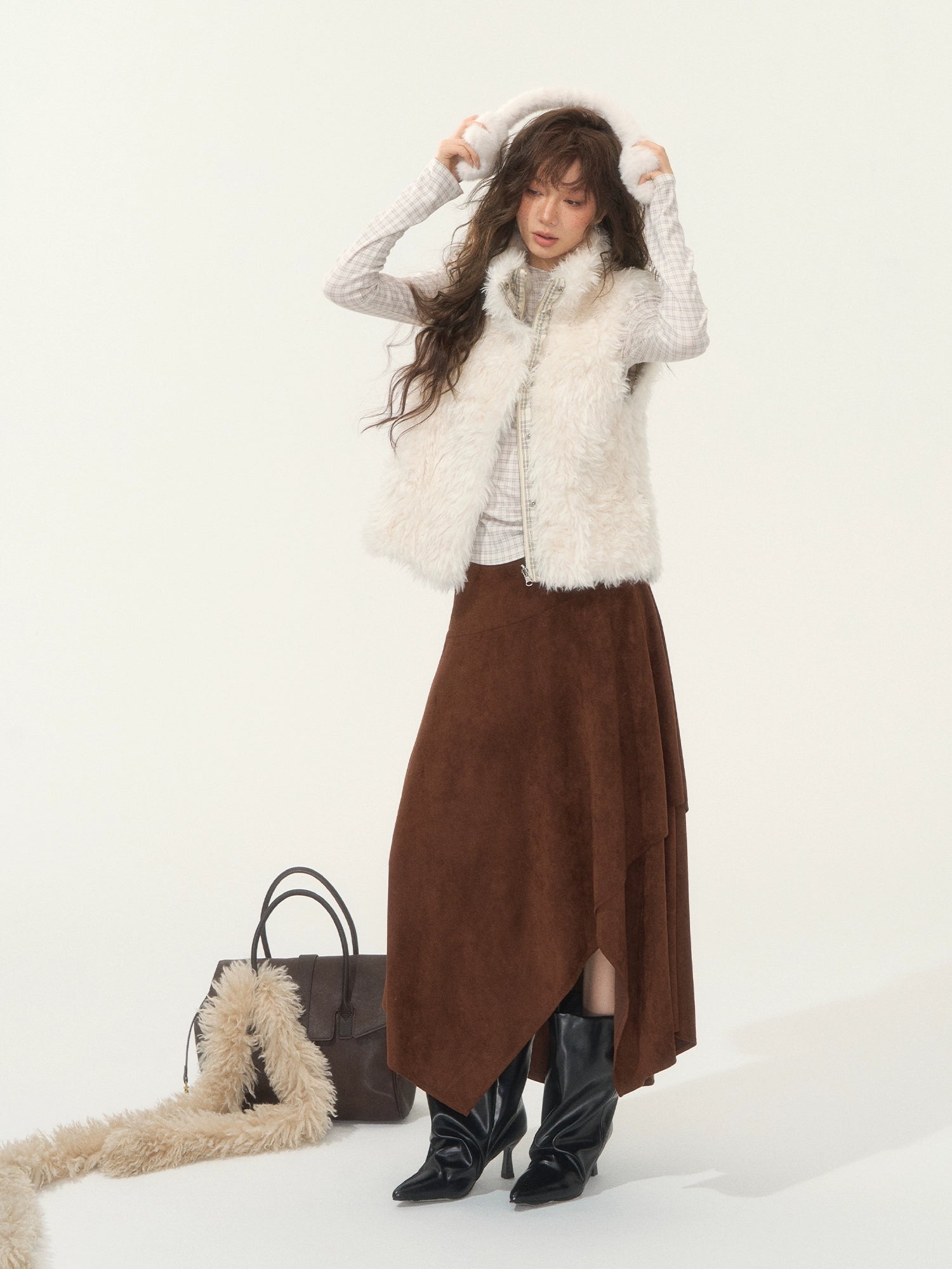 Velvet-Touch Plaid Draped Off-Shoulder Long Sleeve T-Shirts