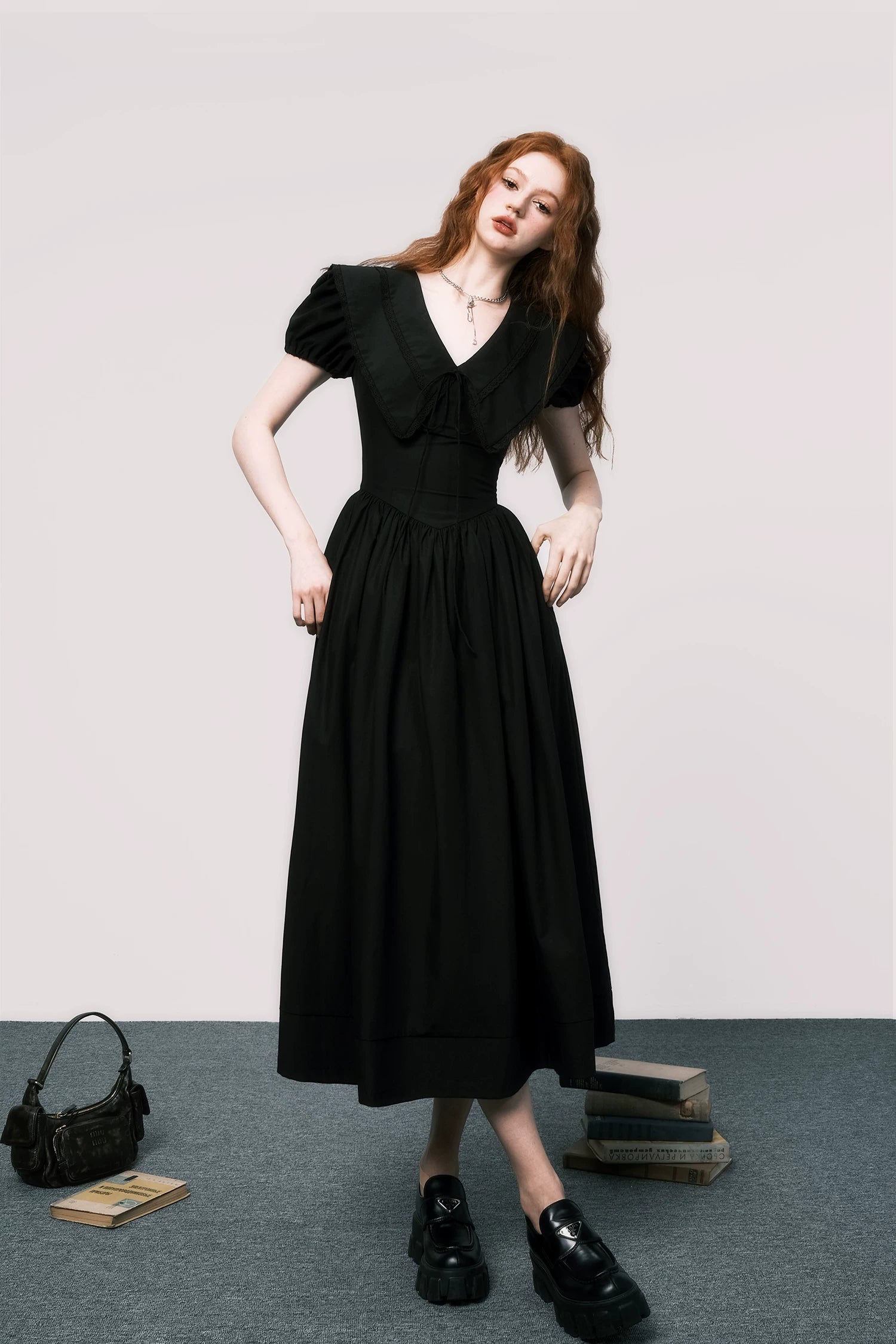 Puff-Sleeve Waist-Defined Maxi Dress