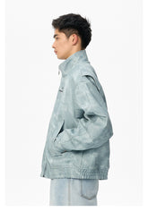 Denim Texture Stand Collar Leather Jacket - CHINASQUAD