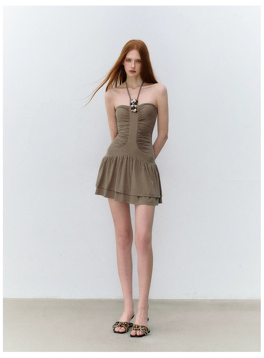 Draped Tencel Halter Neck Beaded Waist Dress