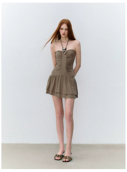 Draped Tencel Halter Neck Beaded Waist Dress