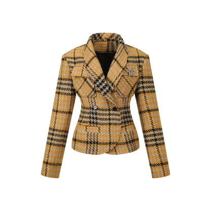 Yellow Plaid Fitted Shoulder-Pad Jacket